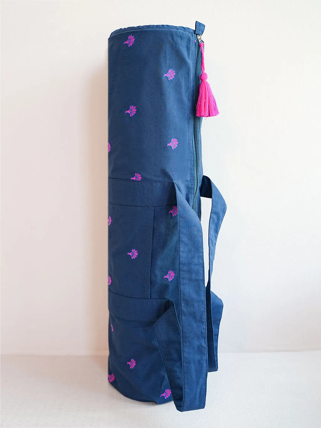 Yoga Mat Bag Ginkgo Embroidery on Navy